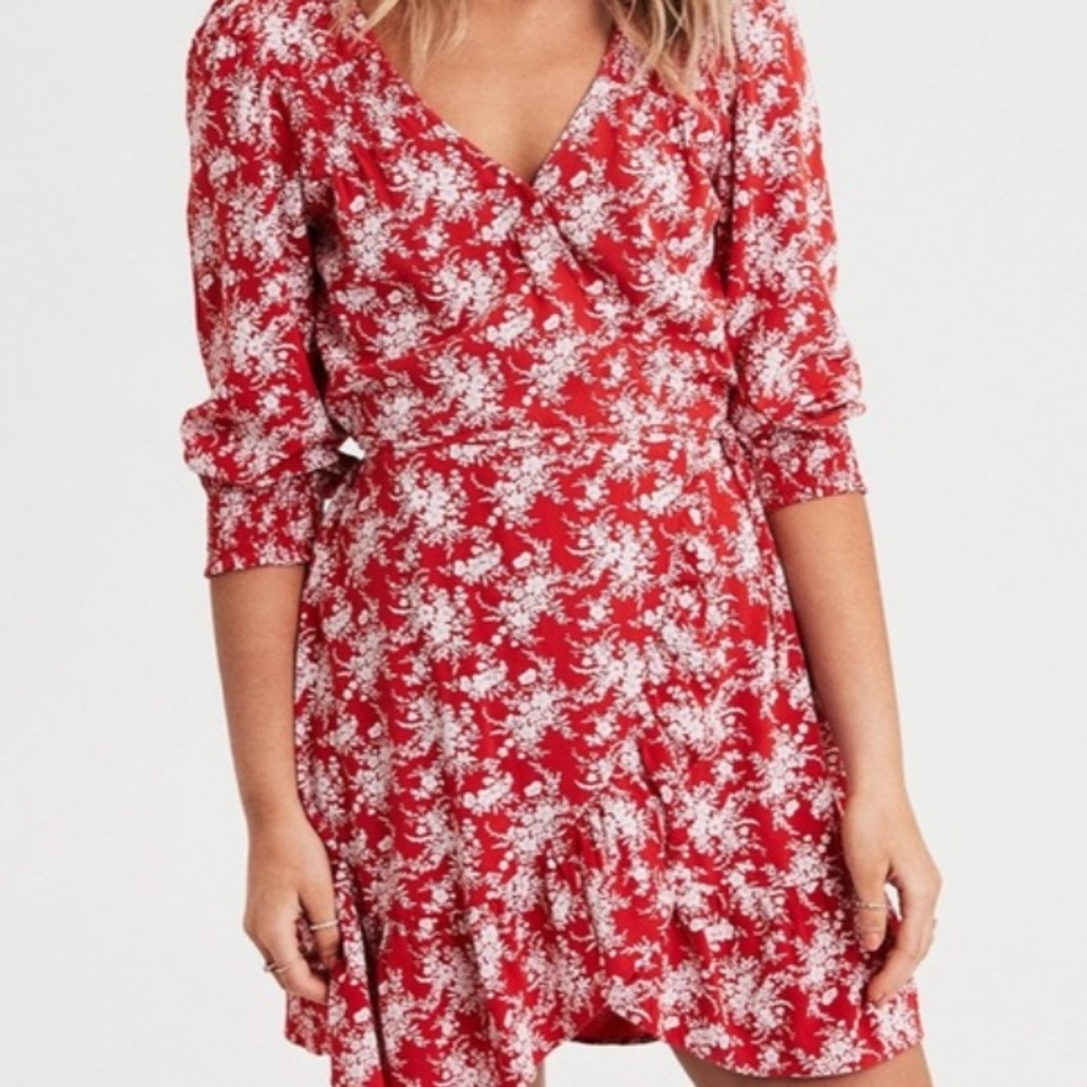 AE NWT Red Floral Wrap Dress